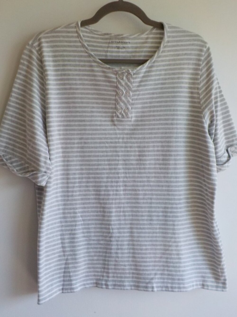 Appleseed's Tee Top - Large - COTTON grey/white stripe short sleeve (2430)